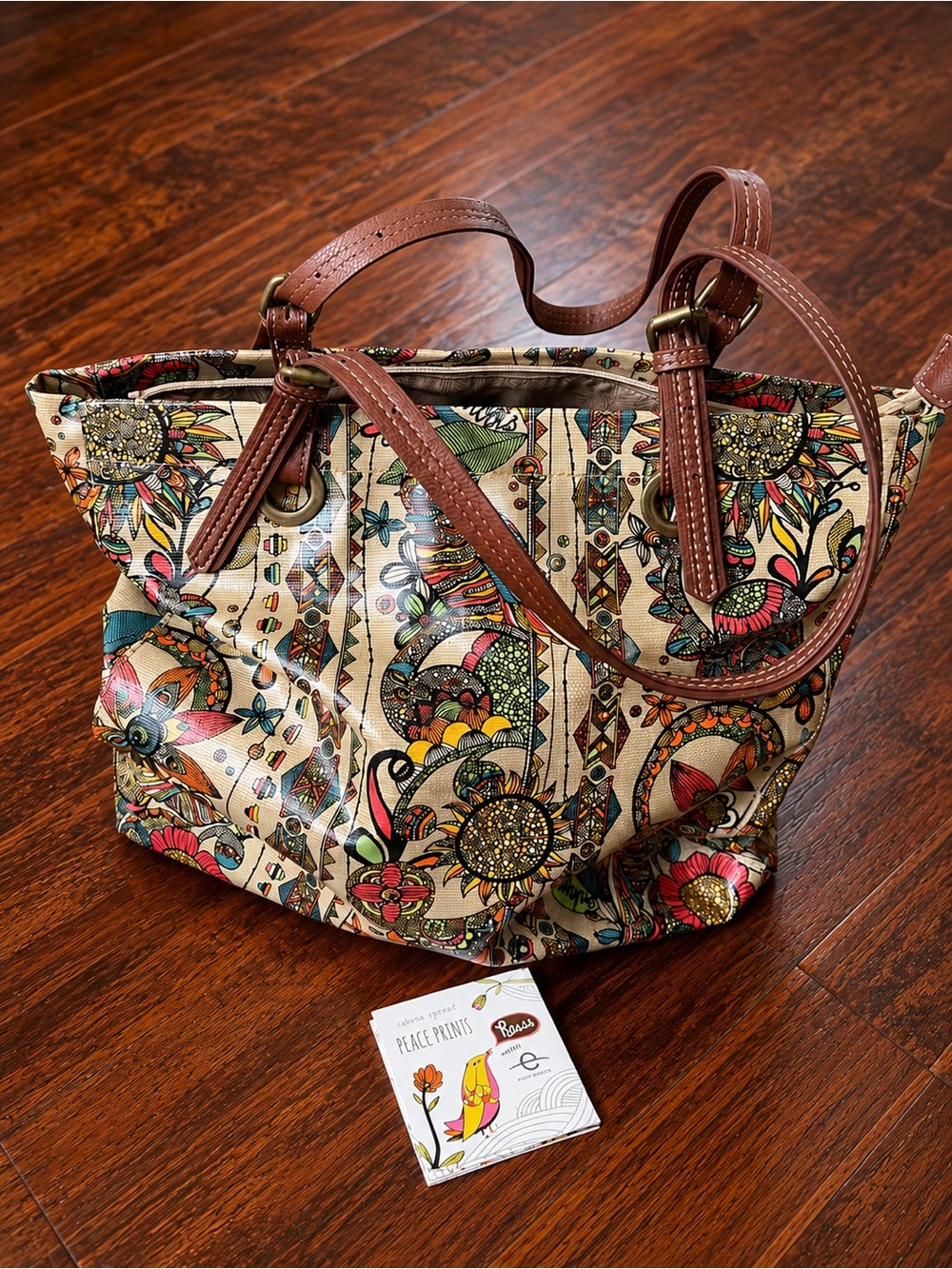 Sakroots Cream Multicolor Floral Tote with Brown Handles